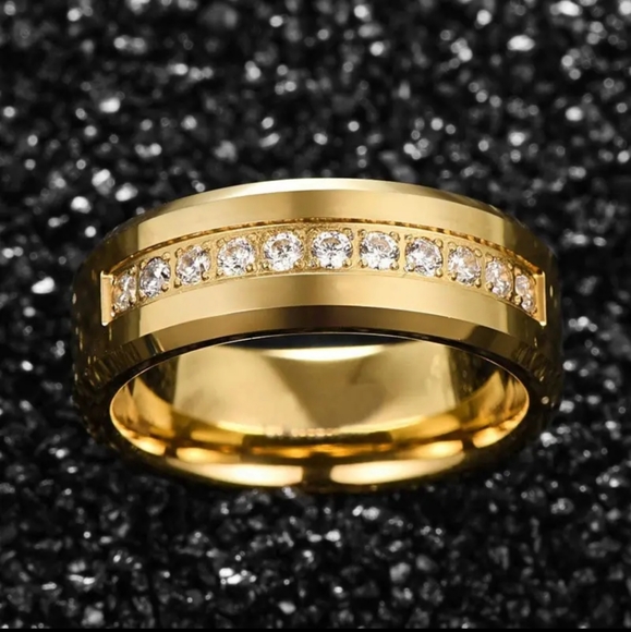 Mens Wedding Band Stainless Steel Gold Plated Ring with High Quality CZ. - Picture 4 of 9